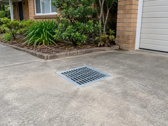 Outdoor driveway drain grate set in concrete beside a brick house and garage in Carlingford
