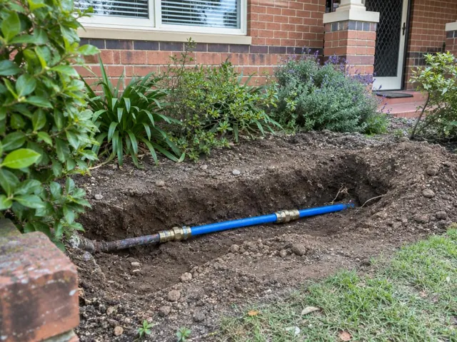 Exposed repaired water pipe in a soil trench beside a brick house in Thornleigh