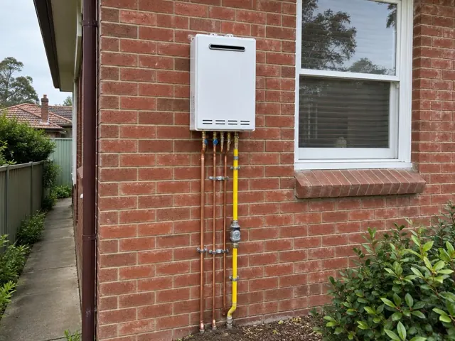 Wall-mounted hot water unit with exposed copper and gas pipes on a brick house exterior in Normanhurst